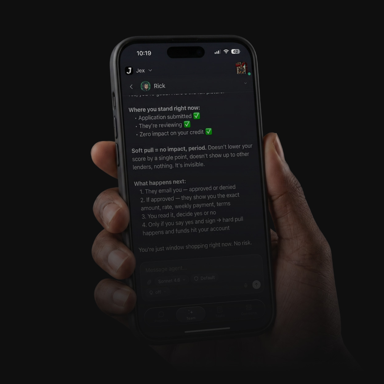 The Cyborg7 mobile app open on a phone held in hand