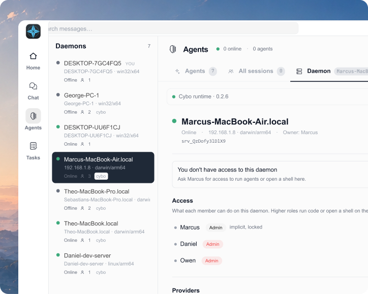 Cyborg7 daemon dashboard — a teammate's machine with its access controls and providers