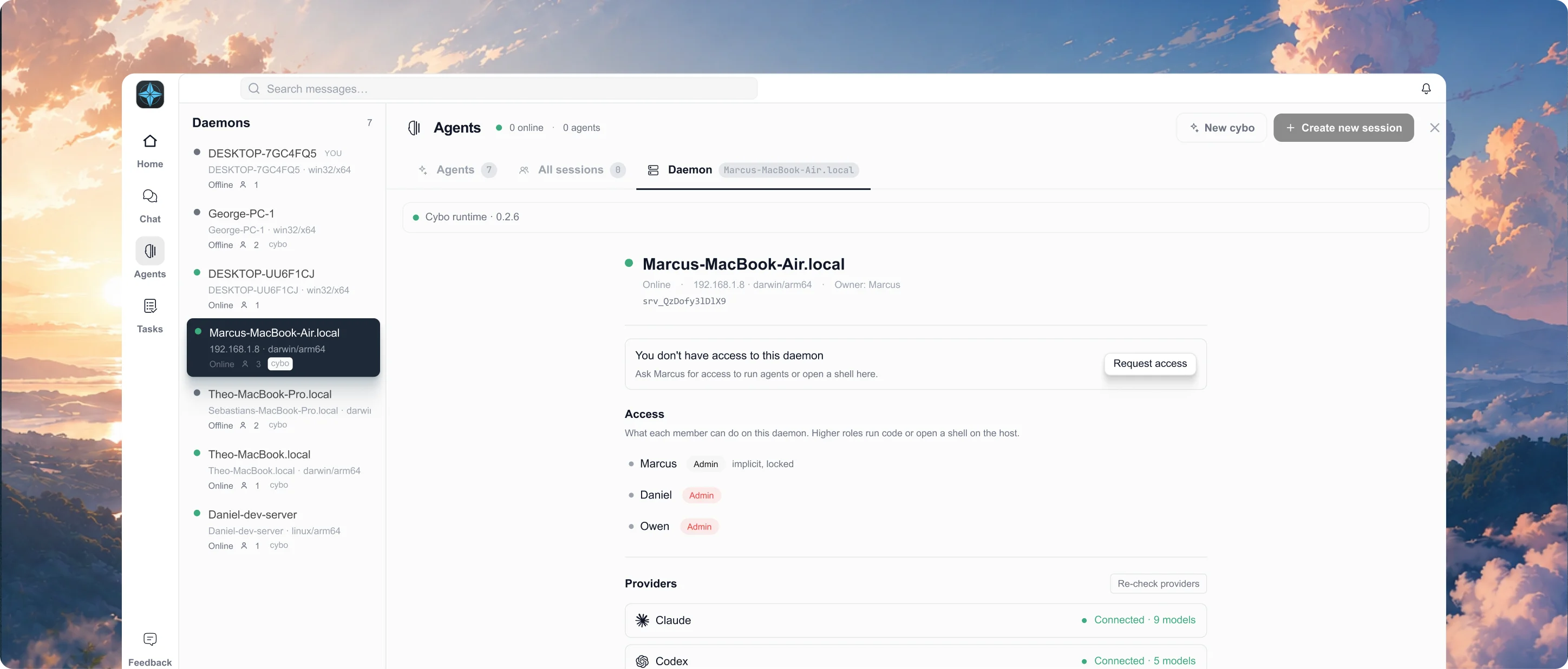 Cyborg7 daemon dashboard — a teammate's machine with its access controls and providers
