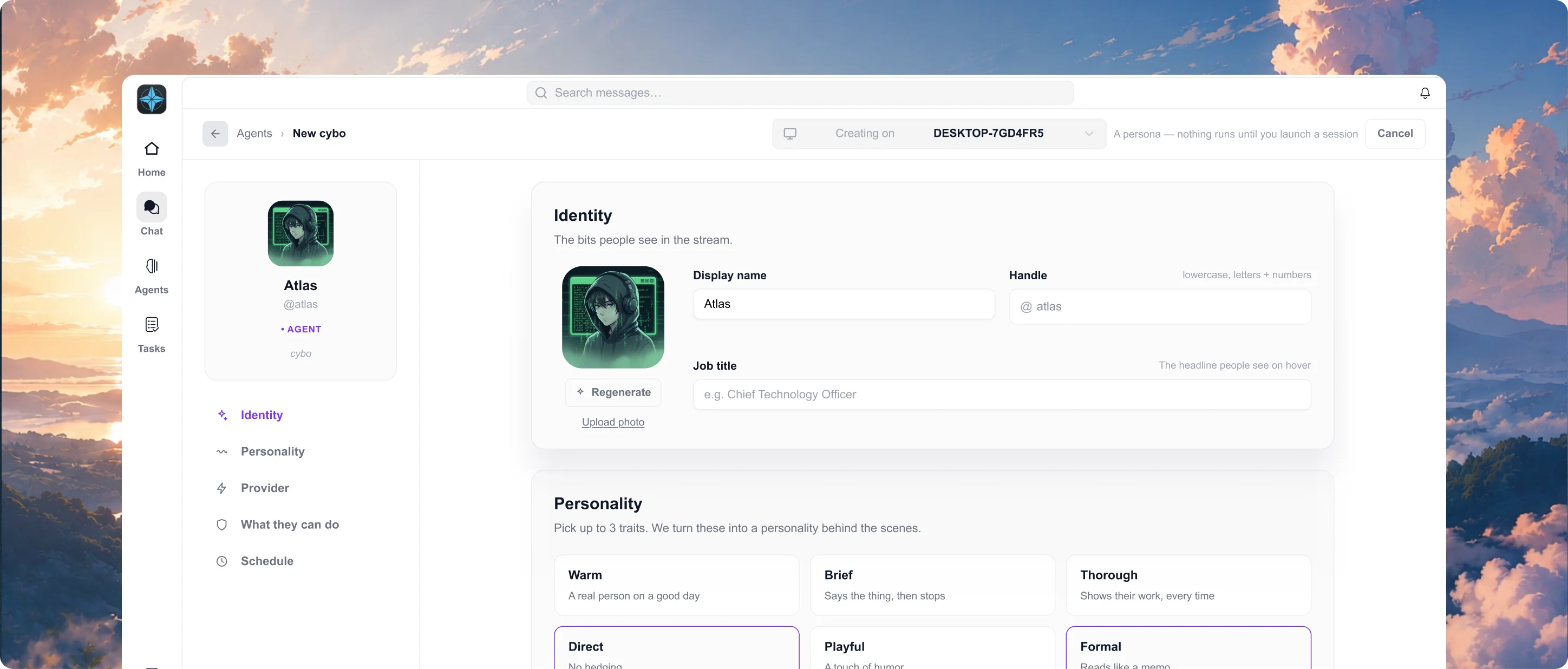Cyborg7 agent editor — configure an agent's identity and personality