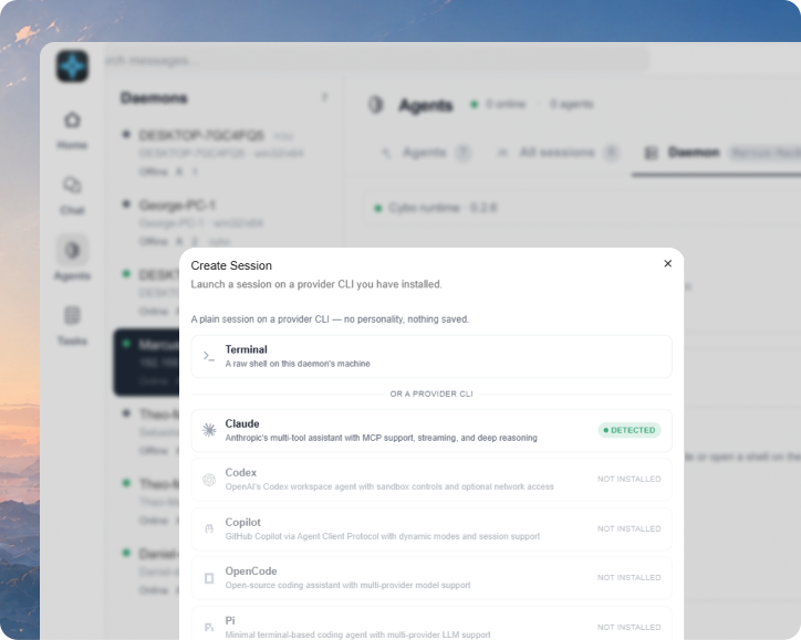 Cyborg7 Create Session dialog — launch a terminal or an AI agent such as Claude or Codex