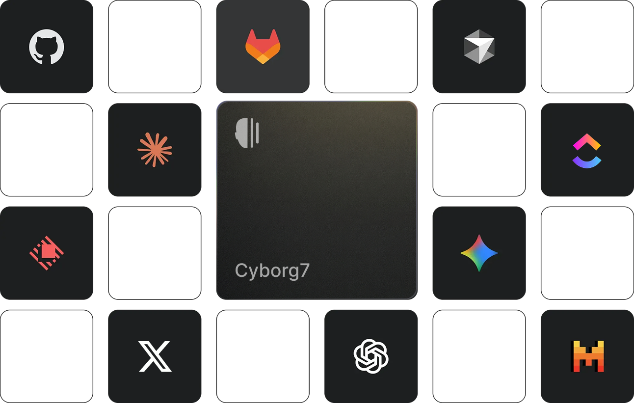 Logos of GitHub, GitLab, Slack, X, OpenAI and more arranged around a highlighted Cyborg7 chip