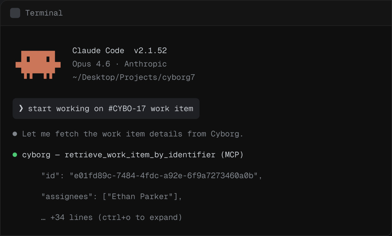 Terminal running Claude Code, fetching a Cyborg work item over MCP