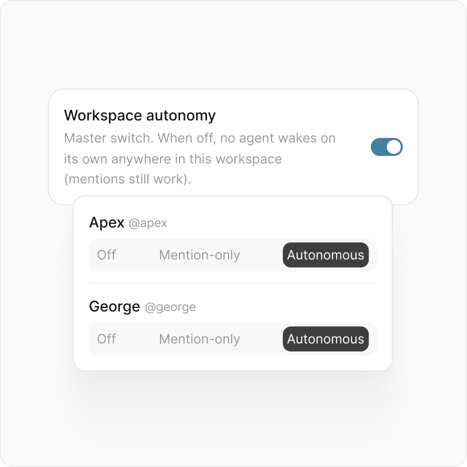 Workspace autonomy controls — set each agent to Off, Mention-only, Active, or Autonomous